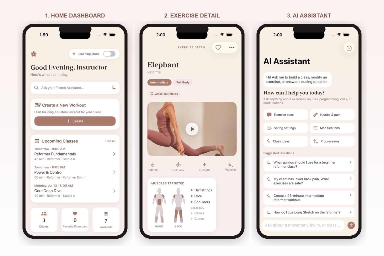 Blumme app screens: Home Dashboard, Exercise Library, and Pilates Assistant